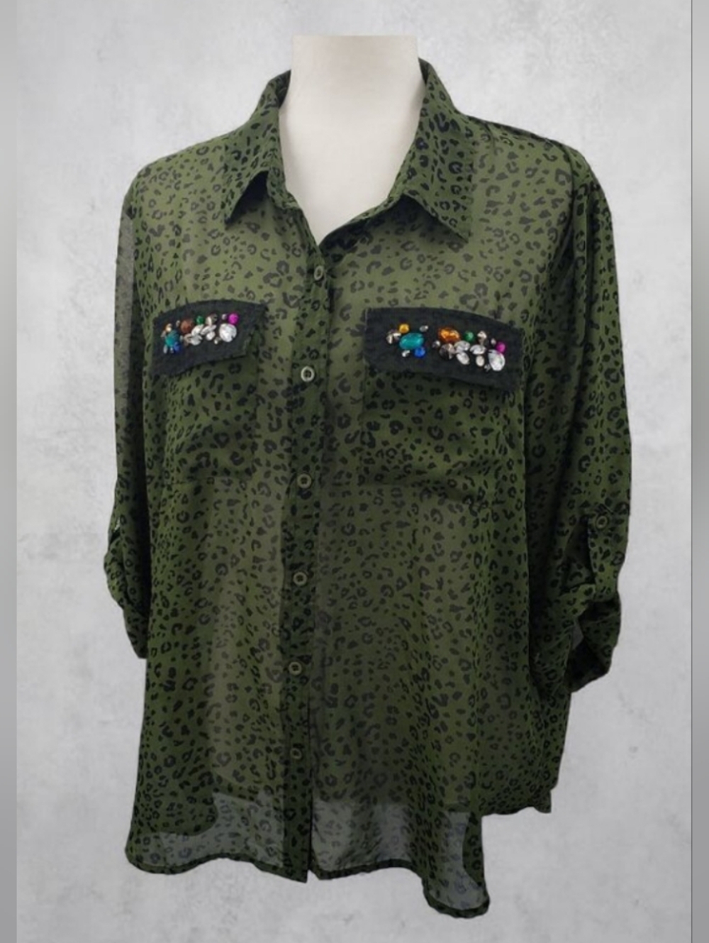 Spoiled Bejeweled Chiffon Shirt Women's 1X Green Leopard Print Sheer Button Up